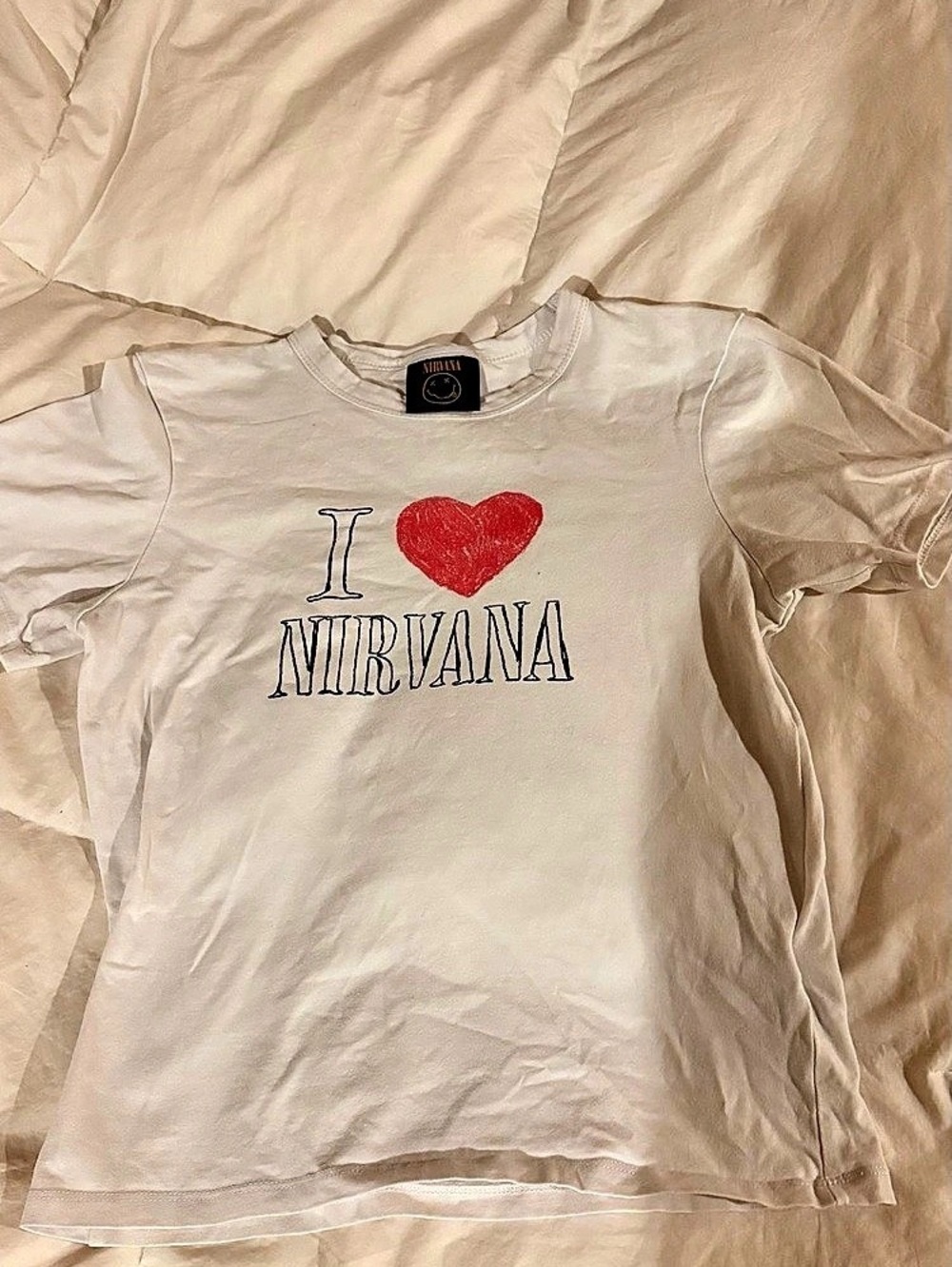 Cotton On Nirvana Fitted Longline Graphic T-Shirt Tee White Small